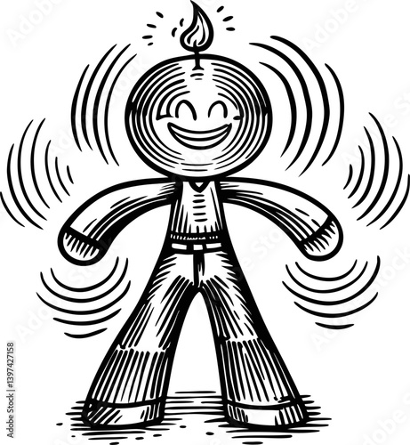 Joyful figure with radiating energy, blissful expression, and playful design