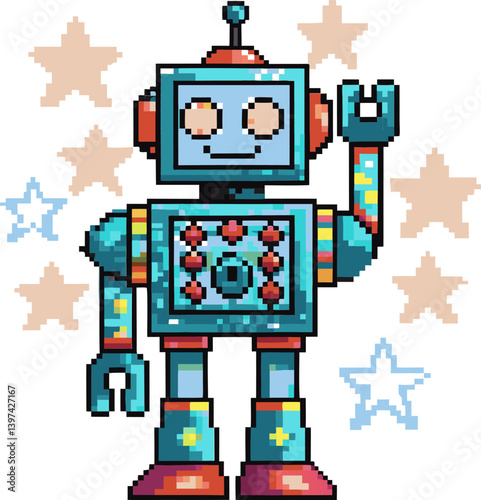 Cheerful pixel art robot waving, surrounded by colorful stars