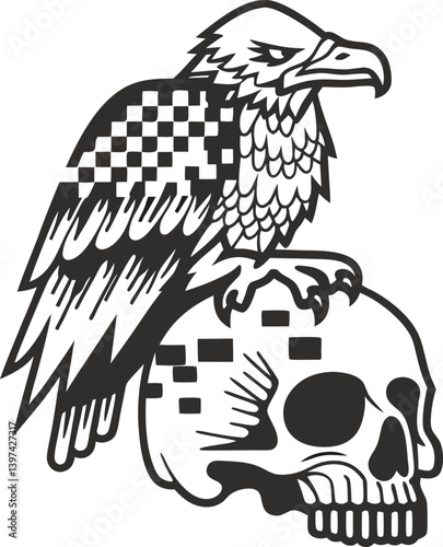 Eagle perched on pixelated skull digital art metaphor on life and mortality modern graphic design