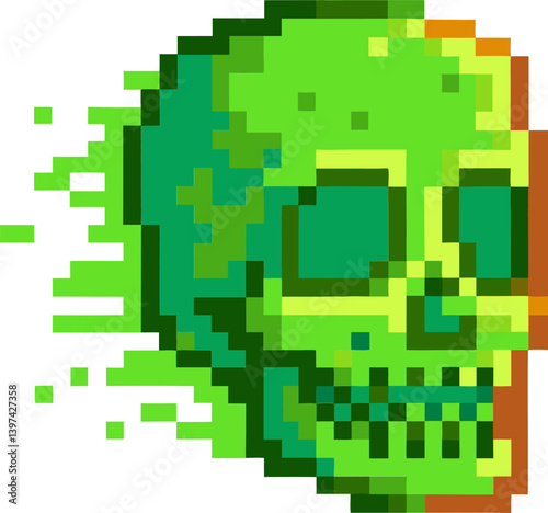 pixel art green skull, digital glitch effect retro gaming, abstract cyberpunk, futuristic artwork