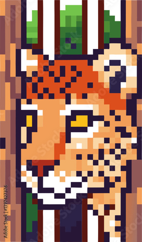 Pixel art cheetah behind bars in nature blocky wildlife illustration