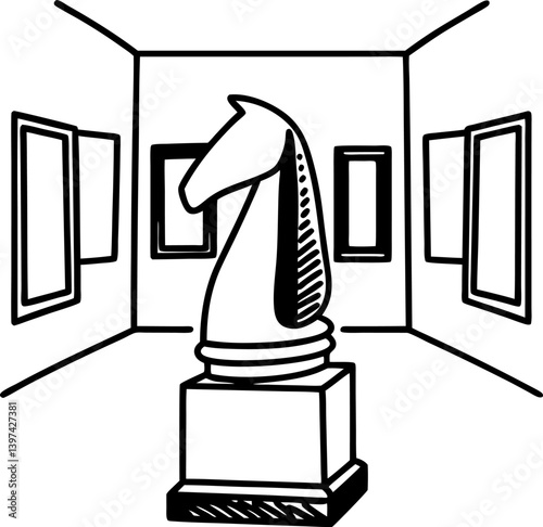 knight chess piece in art gallery, black and white line art abstract illustration, strategic game, artistic representation