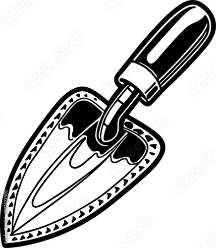 garden trowel illustration black and white hand tool graphic for gardening and planting