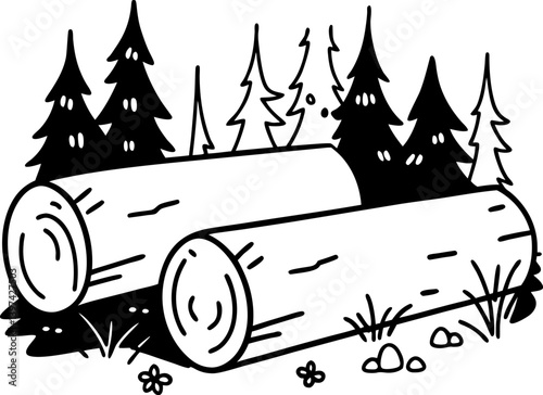 forest landscape with cut tree logs and whimsical evergreen trees