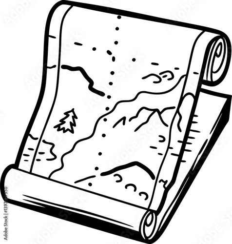 illustrated treasure map, scroll with landmarks and mountain trails for adventure exploration