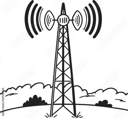 Radio transmission tower in field, black and white illustration of signal waves emitting