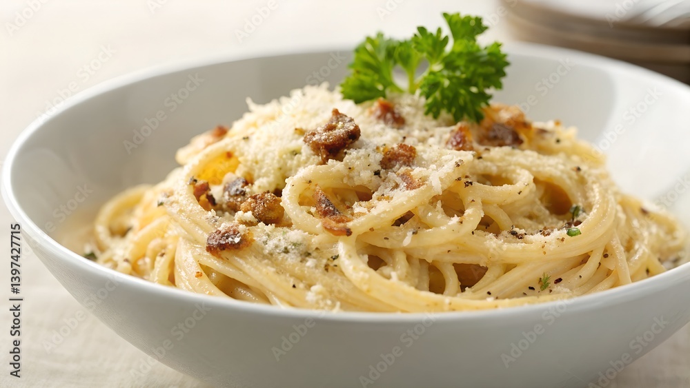 Classic Spaghetti Carbonara with Crispy Pancetta and Grated Parmesan in a White Ceramic Bowl