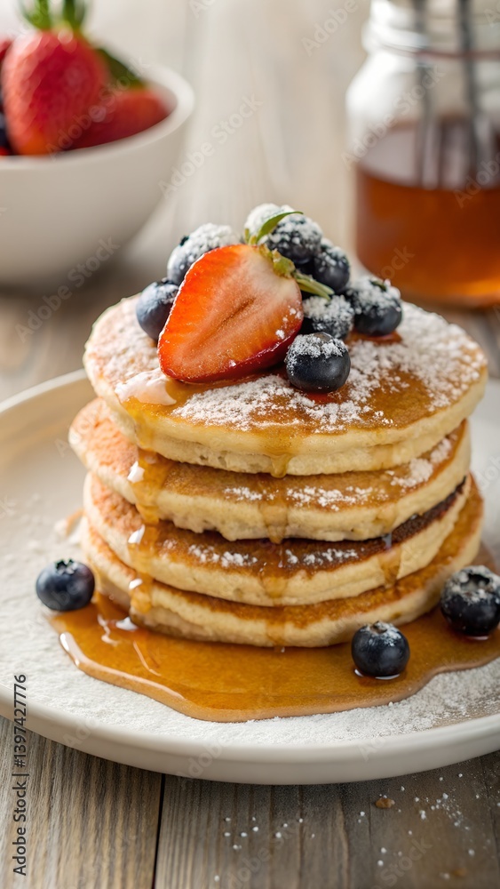 Stack of Fluffy Pancakes with Berries and Syrup on White Plate Stack of Fluffy Pancakes with Berries and Syrup on White Plate