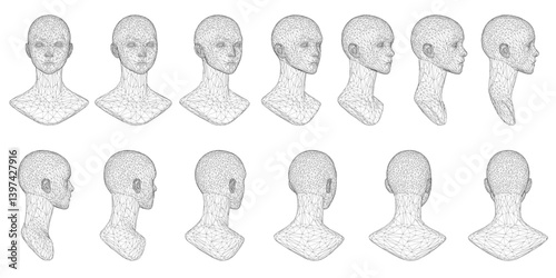 A series of black and white wireframe of heads. The illustration are all of the same person, but the heads are different sizes and angles. The heads are all in a row
