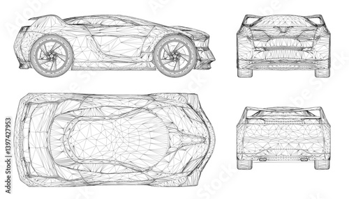 A car is shown in four different angles. The car is a futuristic design with a pointed front and a sleek, aerodynamic shape. The car is shown in a black and white color scheme, which gives it a modern