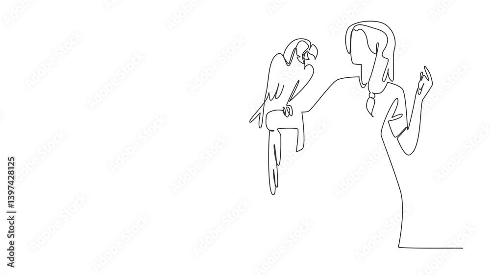 Animation of single one line drawing blue gold macaw parrot perched on hand of woman. Large parrot with long tail feathers. Grain eaters. Pets. Woman Holding Bird. Full length motion