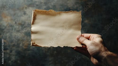 Hand holding old paper, dark background, message, mystery, design element