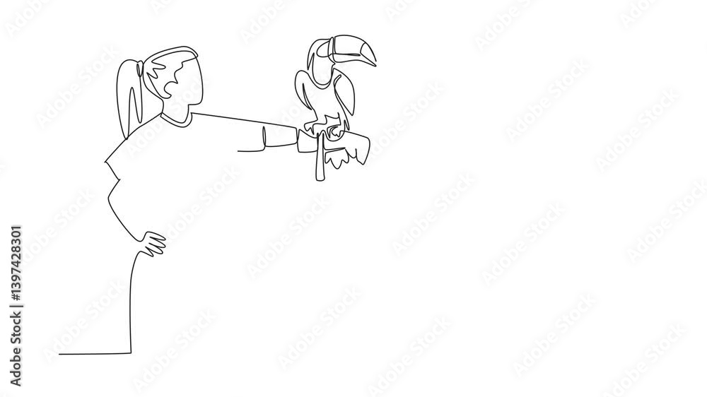 Animation of continuous one line drawing toucan bird perched on hand of woman. Large billed tropical birds live in tropical forests. Eating insects. Woman Holding Bird. Full length motion Animation of continuous one line drawing toucan bird perched on hand of woman. Large billed tropical birds live in tropical forests. Eating insects. Woman Holding Bird. Full length motion