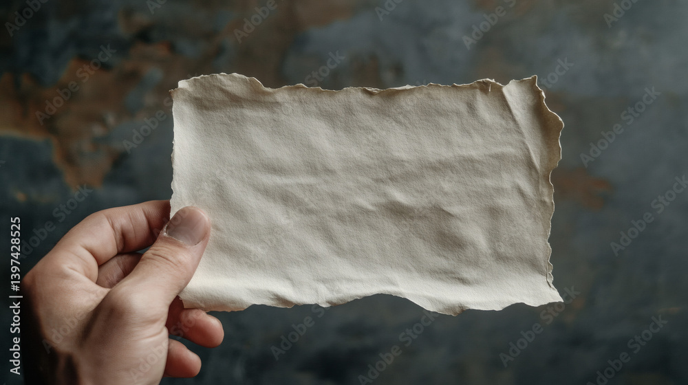 Hand holding old paper; grunge background; message space; design element