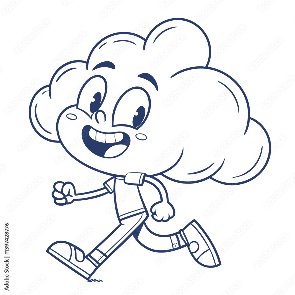 Obraz premium Joyful Cloud Mascot Running With Smiling Face, Animated Character Line Art, Isolated