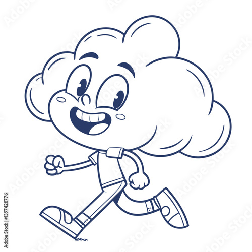Joyful Cloud Mascot Running With Smiling Face, Animated Character Line Art, Isolated
