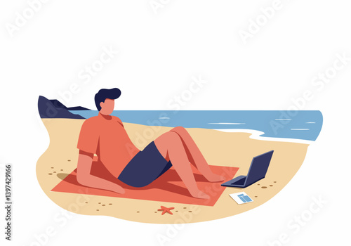 A young man relaxes on a beach, working on a laptop. Warm tones, serene ocean backdrop. Ideal for travel, remote work, and lifestyle concepts.