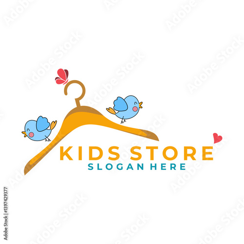 Kids Cloth logo design with Hanger and Cute Bird logo design vector template. Kids Store Playful logo design