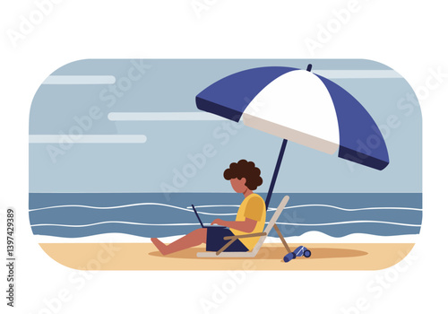 A young man with curly hair works on a laptop at the beach under an umbrella. Relaxed, sunny scene. Ideal for travel, remote work, and lifestyle concepts.