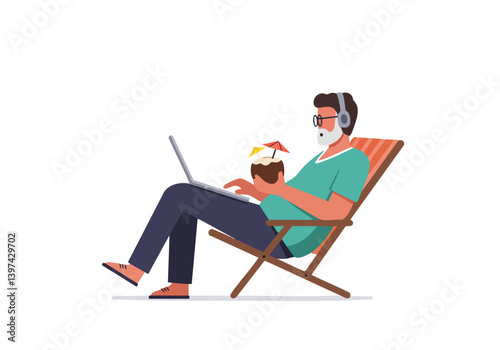 Man relaxes in a beach chair, working on a laptop and sipping a cocktail. Casual style, sunny day, remote work, vacation vibes.
