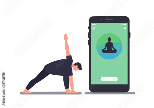 Man practices yoga using a smartphone app. Clean, modern illustration shows a figure in a side stretch, promoting wellness and digital fitness.