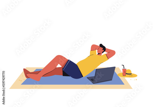 Man relaxes on a mat, working on a laptop outdoors. Casual attire, sunny day, and a relaxed vibe. Perfect for lifestyle and remote work concepts.