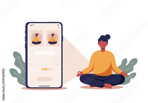 A woman meditates cross-legged, mirroring a figure on a phone screen. Calm, peaceful scene promoting mindfulness and digital wellness. Soft colors, modern style.