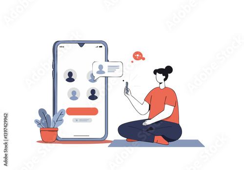 A young woman sits cross-legged, looking at her phone with a thoughtful expression. Clean, modern illustration style. Perfect for lifestyle, communication, and tech concepts.