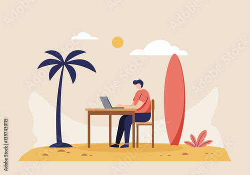 Man works on laptop at a beach desk, surfboard nearby. Tropical scene evokes remote work and a relaxed, digital nomad lifestyle. Bright, sunny, and inviting.