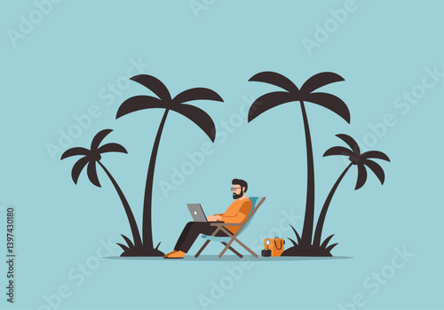 Man works remotely on a laptop, relaxing in a beach chair under palm trees. A vibrant, tropical scene perfect for travel, work-life balance, or digital nomad concepts.