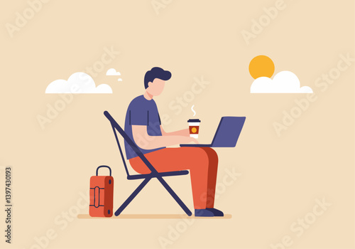 Man works remotely outdoors, enjoying a coffee and laptop on a folding chair. Sunny day, relaxed vibe. Perfect for lifestyle, freelance, or digital nomad concepts.