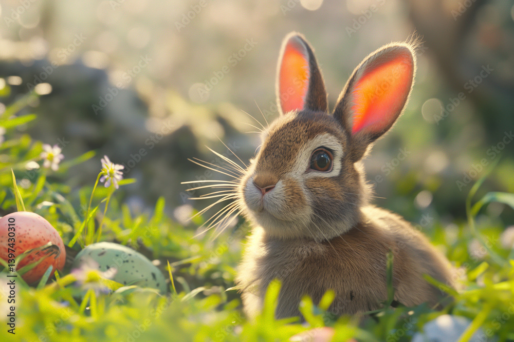 Fototapeta premium Easter bunny and eggs. Cozy Easter Composition. Cinematic style scene. Atmospheric Holiday Concept. Generative AI