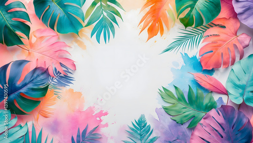 Vibrant Colorful Tropical Leaves Watercolor Background