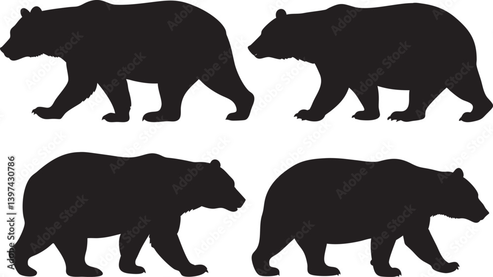 Fototapeta premium Bear Silhouette Set Walking, vector illustration