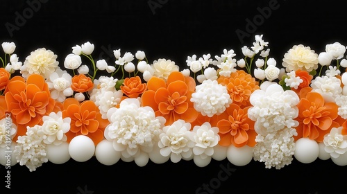 High contrast visual of orange black and white spherical supplements organized in flowing structure on black background resembling scientific or cosmetic molecular composition