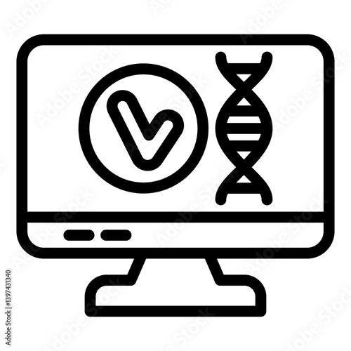 Monitor with database approved DNA line icon, genetic research concept. Vector graphics. Display and DNA chain, test sign on white background, style mobile or design.