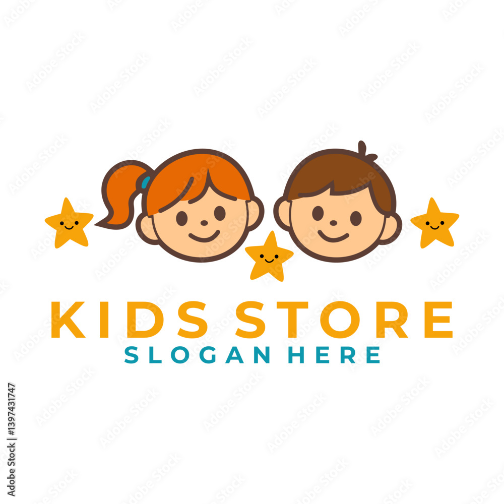 Kids Store With Children and Stars logo design concept. Kids logo design icon vector Kids Store With Children and Stars logo design concept. Kids logo design icon vector
