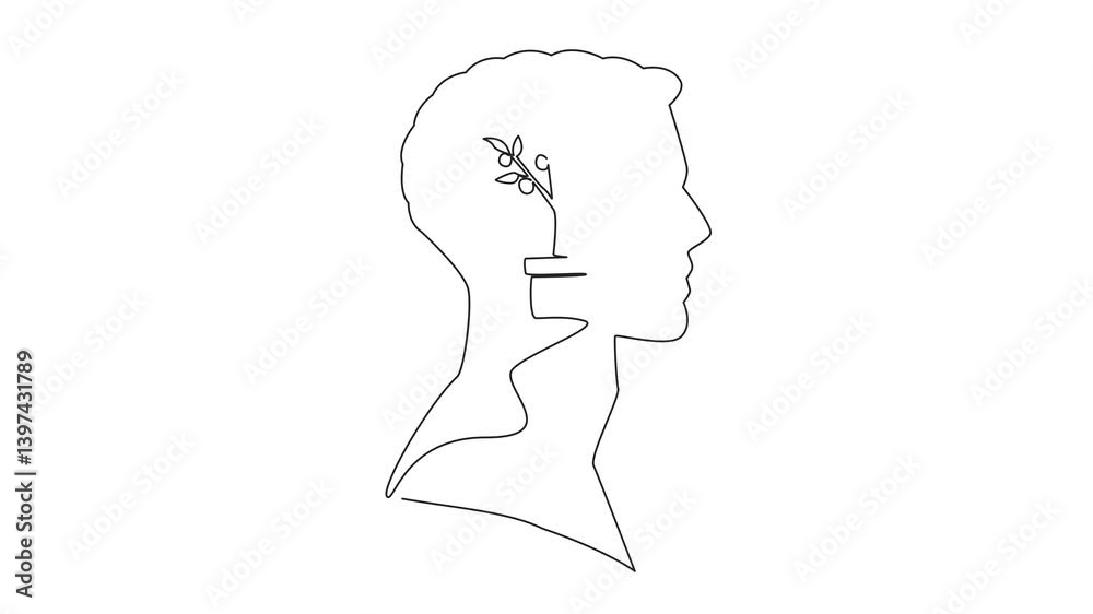 Self drawing animation of single continuous line drawing the head of a man with a money tree in a pot in the middle of his head. Profitable investment. Inside the Head of Man. Full length animated Self drawing animation of single continuous line drawing the head of a man with a money tree in a pot in the middle of his head. Profitable investment. Inside the Head of Man. Full length animated