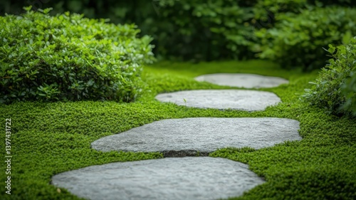 Tranquil Garden Stepping Stones through Green Grass in Outdoor Scenery in Daylight