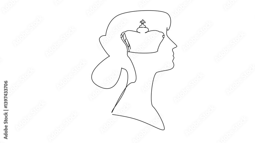 Animated self drawing of single one line drawing the head of a young woman with a royal crown in the middle of her head. Get title of honorary queen. Inside the Head of Woman. Full length animation Animated self drawing of single one line drawing the head of a young woman with a royal crown in the middle of her head. Get title of honorary queen. Inside the Head of Woman. Full length animation