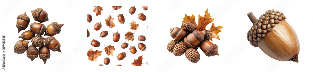 Collection of acorns and autumn leaves displayed in various arrangements, cut out - stock png Collection of acorns and autumn leaves displayed in various arrangements, cut out - stock png