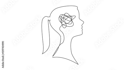 Self drawing animation of single one line drawing the head of woman with a tangled wire in the middle of her head. Stress. Tired. Too many problems. Inside the Head of Woman. Full length animated