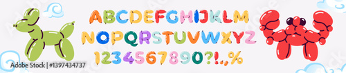 Balloon font set. Creative alphabet and numbers. Birthday party for children. Vector illustration. Colorful. Balloon twisting technique. Dog, crab animals. Banner, greeting card, invitation concept.