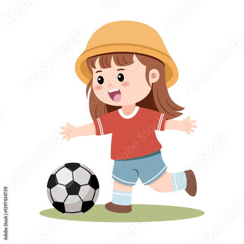 A young girl wearing a hat is actively playing football, about to kick the ball with a big smile on a patch of green. Vector illustration.