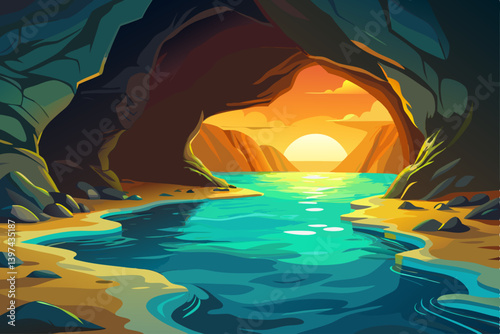 sea cave vector with glowing reflections and deep, coastal cave mouth facing out to a saturated teal ocean. The cave interior glow with orange and gold reflections