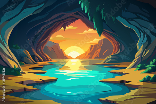 sea cave vector with glowing reflections and deep, coastal cave mouth facing out to a saturated teal ocean. The cave interior glow with orange and gold reflections