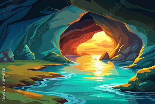sea cave vector with glowing reflections and deep, coastal cave mouth facing out to a saturated teal ocean. The cave interior glow with orange and gold reflections