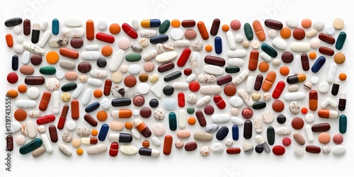 Massive overflow of pharmaceutical pills and capsules of various shapes sizes and colors covering entire surface in chaotic abstract medication background for medical stock photo use
