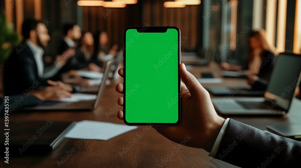 A business executive holding phone with green screen at a long boardroom table, background includes blurred hands typing on laptops and documents spread out. Warm overhead lights.