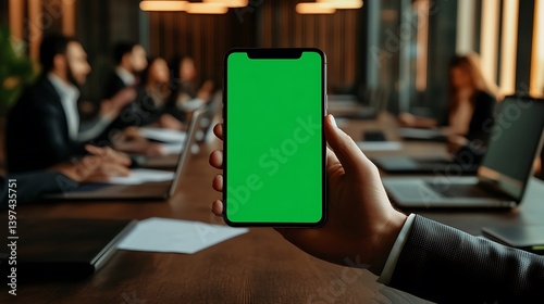 Obraz na płótnie A business executive holding phone with green screen at a long boardroom table, background includes blurred hands typing on laptops and documents spread out. Warm overhead lights. w salonie